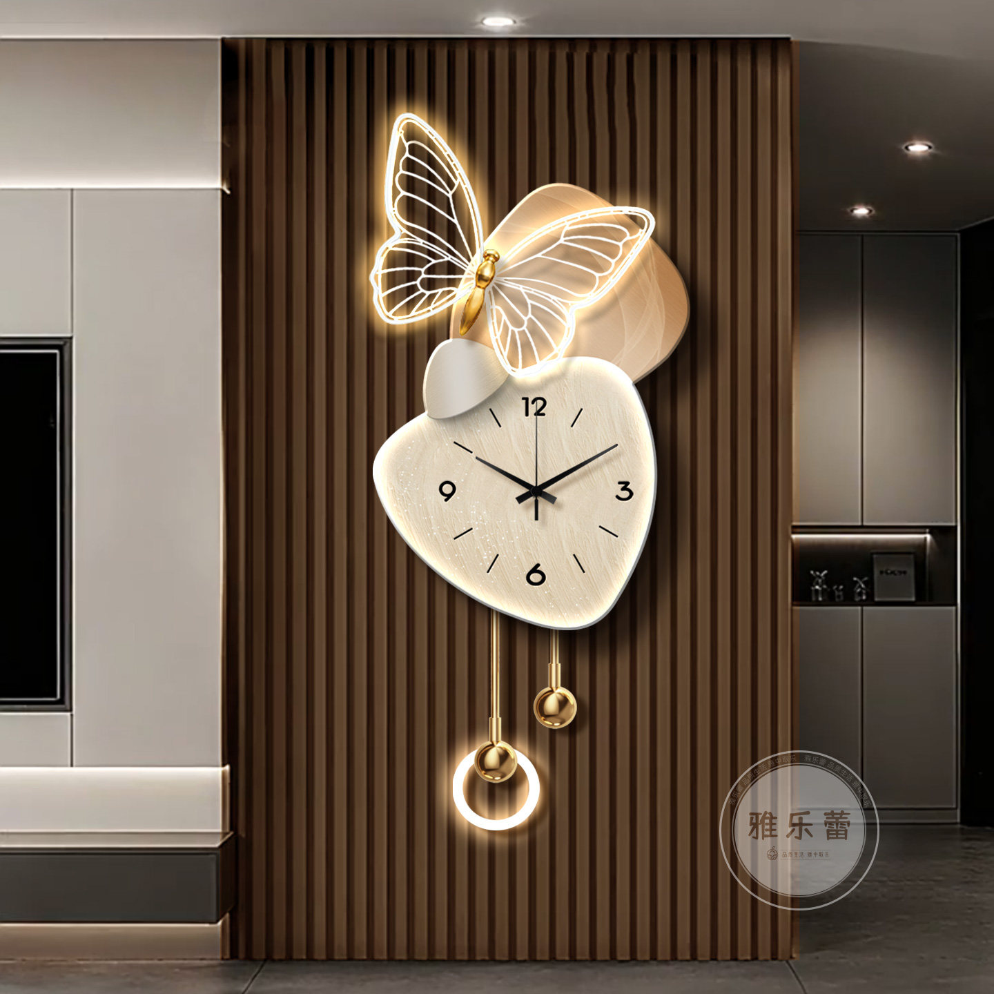 轻奢高级感带时钟电视背景墙装饰画石来运转客厅挂画创意格栅壁灯