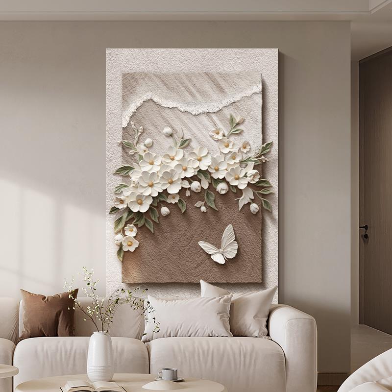 侘寂风客厅装饰画浮雕立体高级感沙发背景墙壁画抽象花卉玄关挂画图片