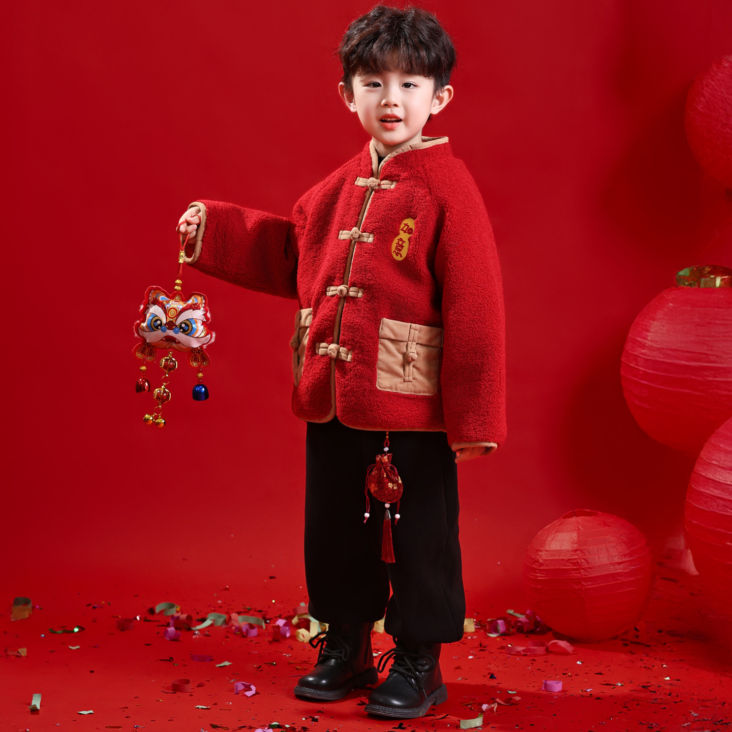 儿童新年拜年服男童喜庆红色过年衣服女童国风唐装兄妹装汉服套装