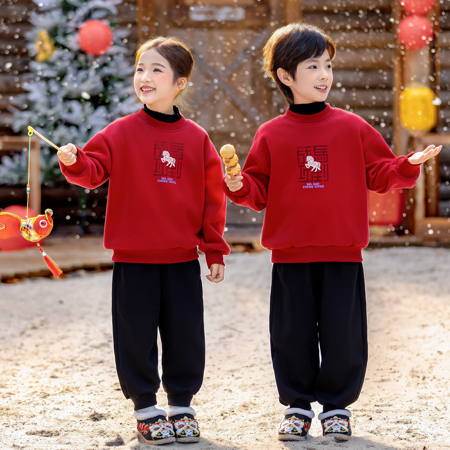 儿童拜年服男童唐装女童喜庆红色加绒卫衣套装宝宝马年过新年衣服