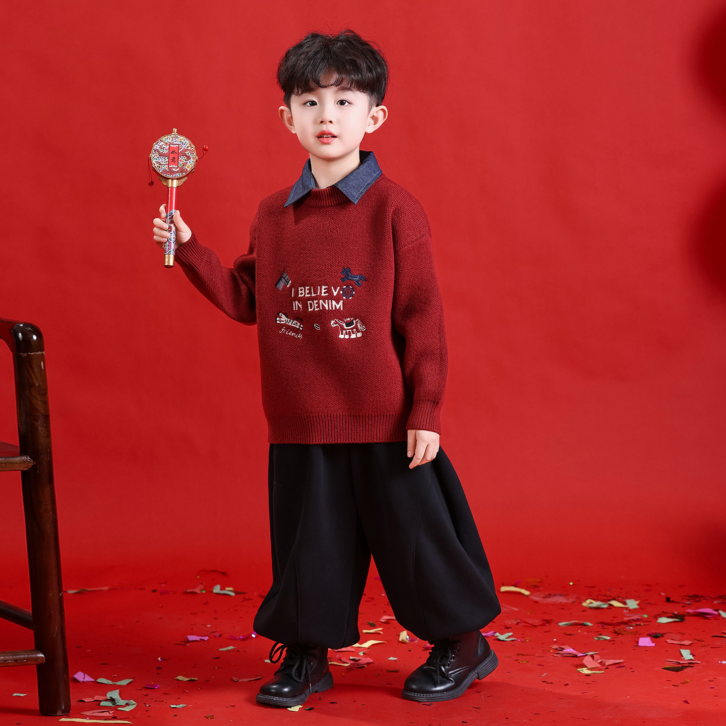 中国风男童红色毛衣儿童喜庆针织衫宝宝马年过新年好运穿搭拜年服