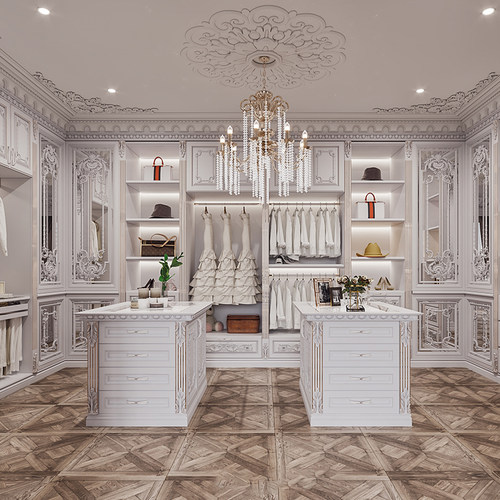 全屋定制衣柜 法式原木衣帽间欧式雕花木作实木中岛台 豪华梳妆台