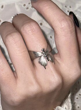 S925复古拉丝蝴蝶戒指女小众设计