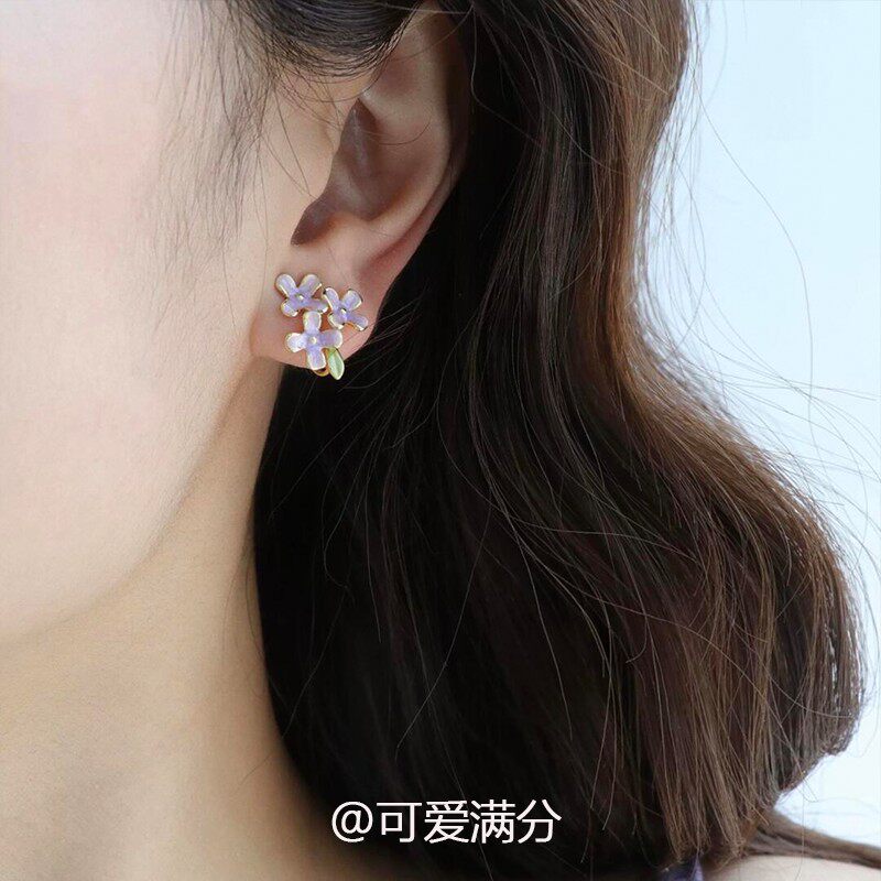 超仙紫色花朵叶子耳钉法式小清新温柔百搭耳夹独特漂亮高级感耳饰