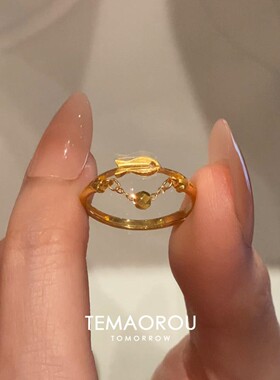 S925纯银趣味小金鱼镂空金戒指女