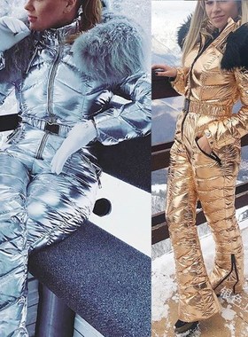New Shiny Silver Gold One-Piece Ski Suit Women Winter Windpr