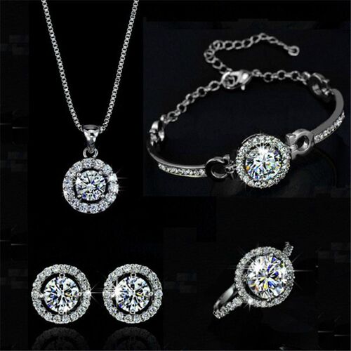 Simple Female White Crystal Jewelry Set Charm Gold Silver Co
