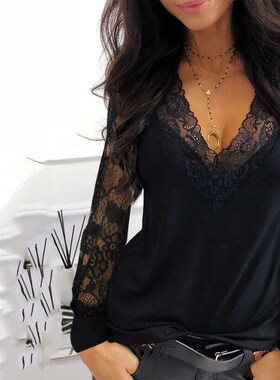 Casual decote em v la?o manga comprida camiseta para as mulh