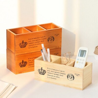 Rectangular Retro Wooden TV Remote Control Pen Phone Holder