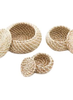 Handmade Straw Woven Storage Basket With Lid Snack Organizer