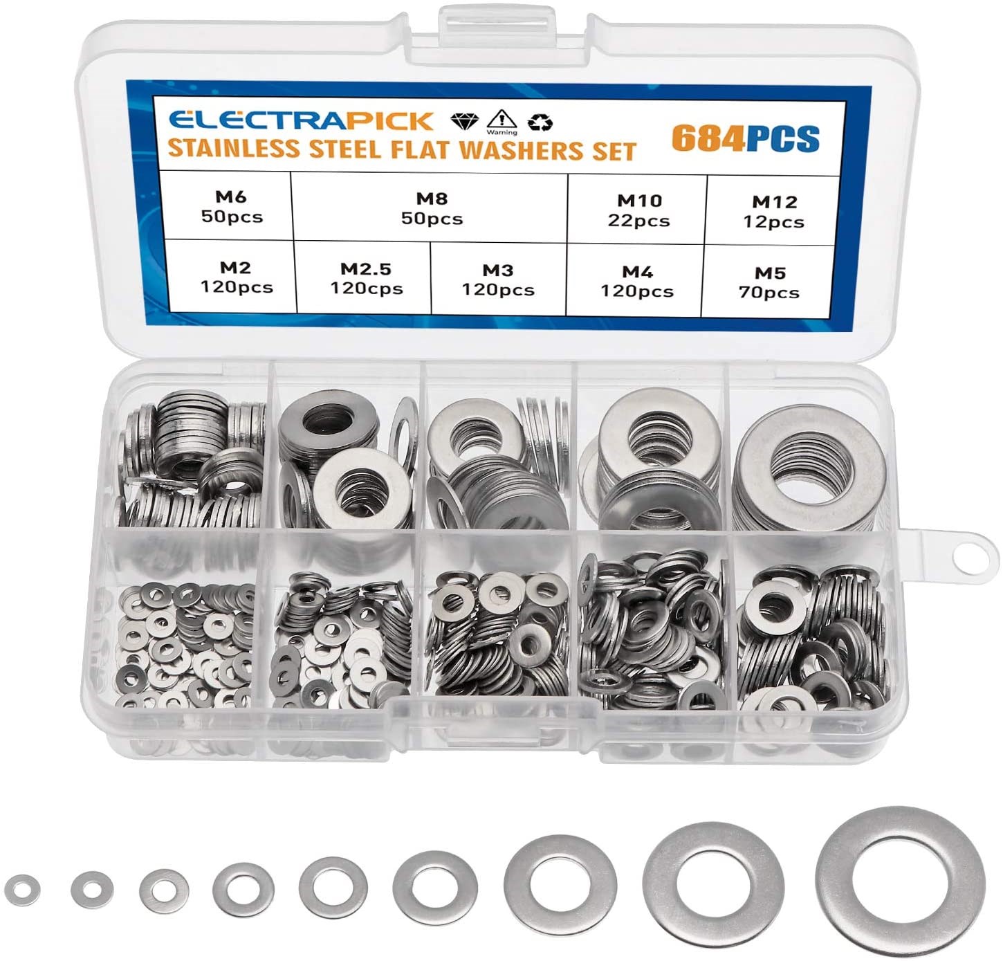 684pcs Stainless Steel Flat Washer Plain Gaskets Assortment