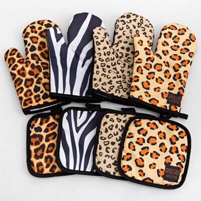 1 Set Kitchen Gloves Insulation Leopard Pattern Pad Cooking