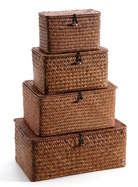 Woven Straw Storage Bins with Lid - Set of 4 - Rectangular S