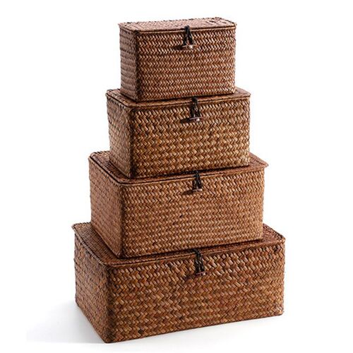 Woven Straw Storage Bins with Lid - Set of 4 - Rectangular S