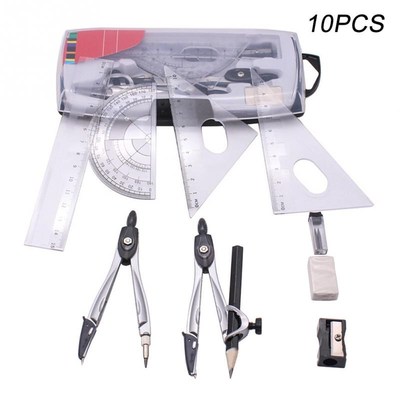 10pcs set Plastic+metal Geometry Protractor Drawing School E