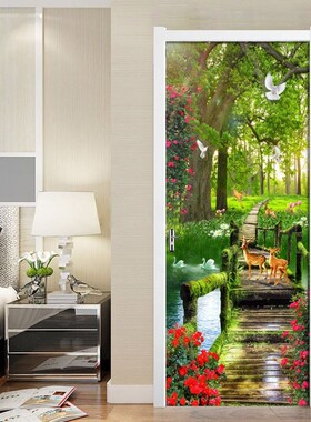 Green Forest Scenery PVC Waterproof Self Adhesive Door Stic