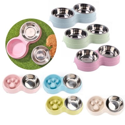 Anti-skidding Dog Double Bowl Puppy Food Water Feeder Stainl