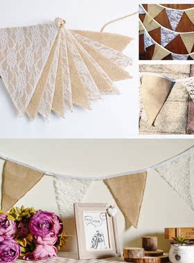 3m 12pcs Jute Lace Flags Banner Garland Wedding Christmas Pa