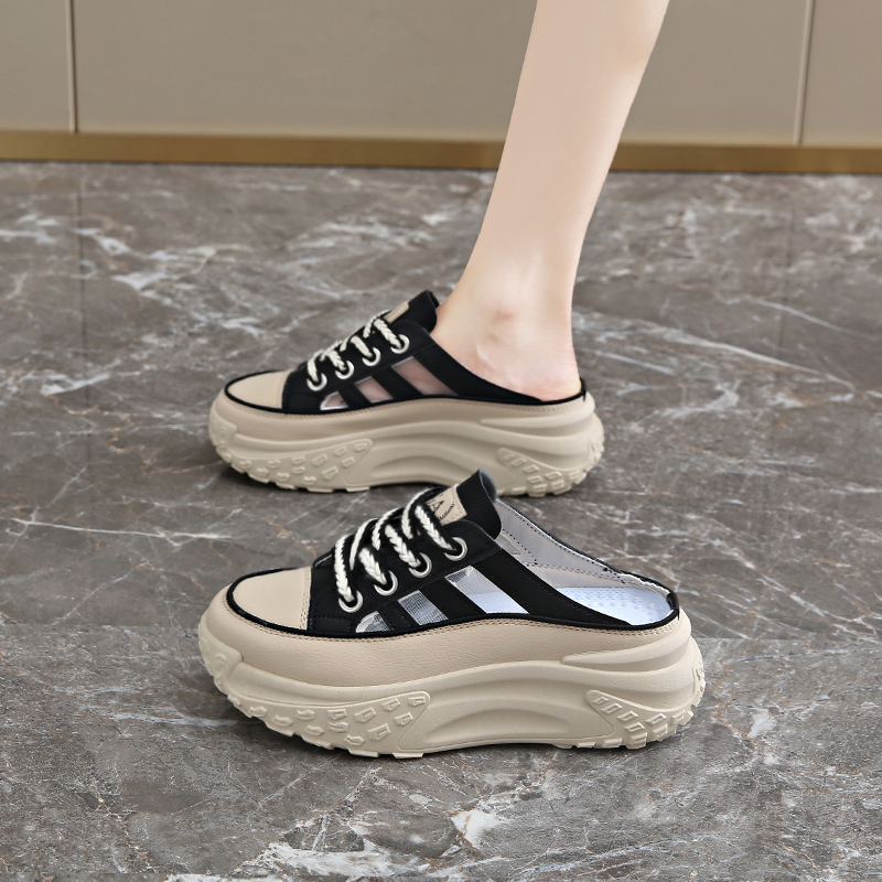 踩屎感厚底增高包头半拖老爹鞋女