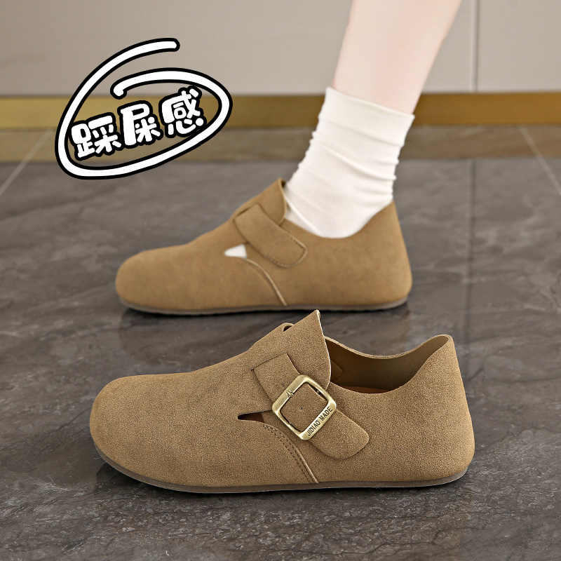 踩屎感真皮深口浅棕色平底勃肯鞋