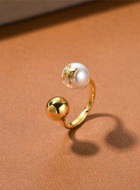 凯旋门系列黄铜镀18k真金镶嵌珍珠球球开口可调节简约指环戒指