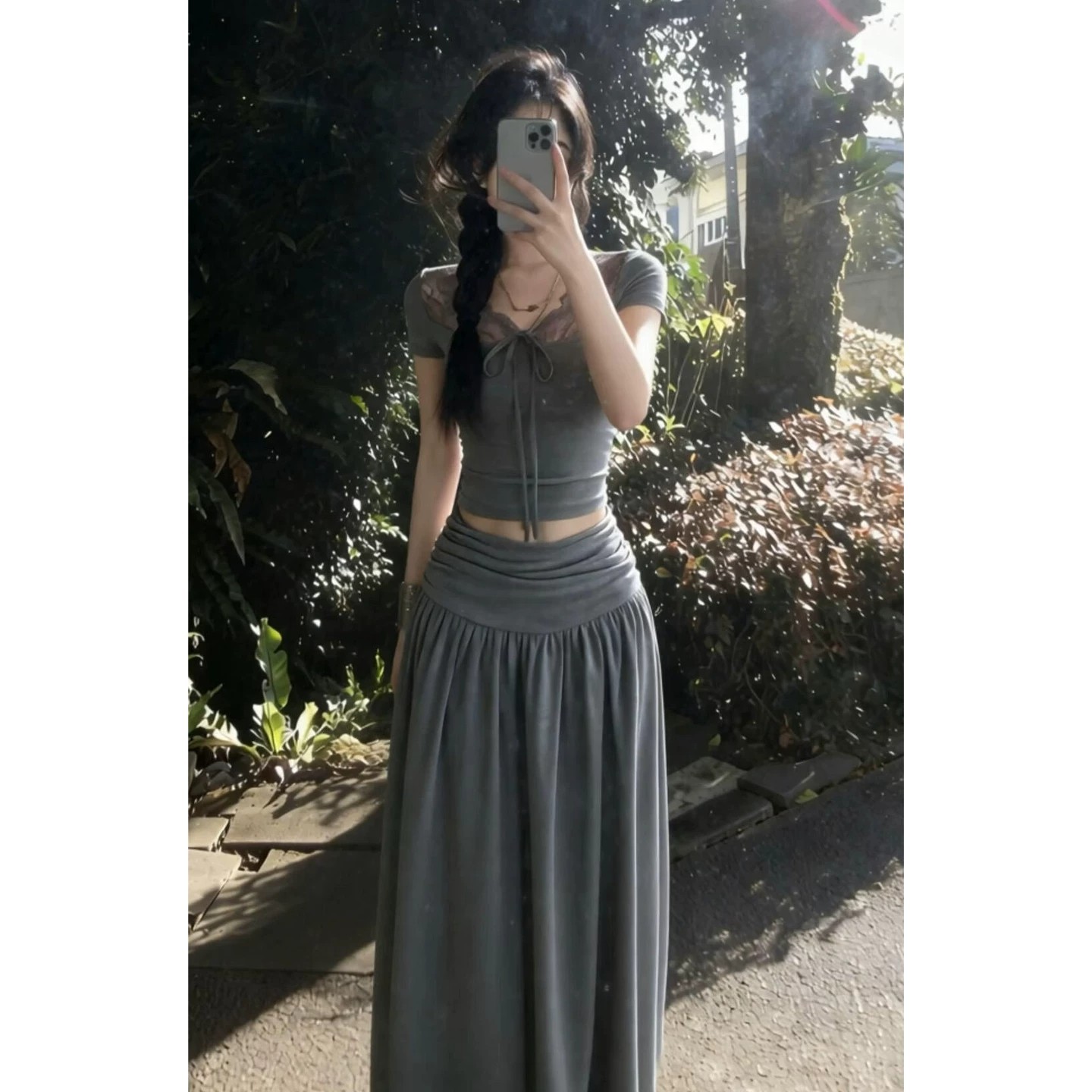 韩系夏季灰色蕾丝拼接短袖连衣裙