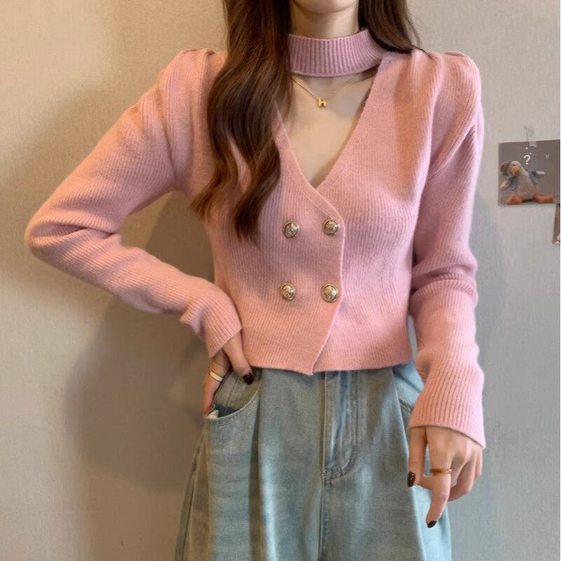 法式v领挂脖泡泡袖毛衣女秋冬新款时尚气质显瘦短款针织衫上衣潮