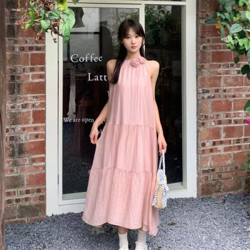 夏季度假风挂脖A字吊带连衣裙女