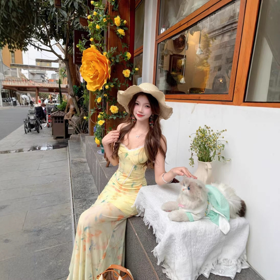 度假辣妹露背绑带吊带鱼尾连衣裙