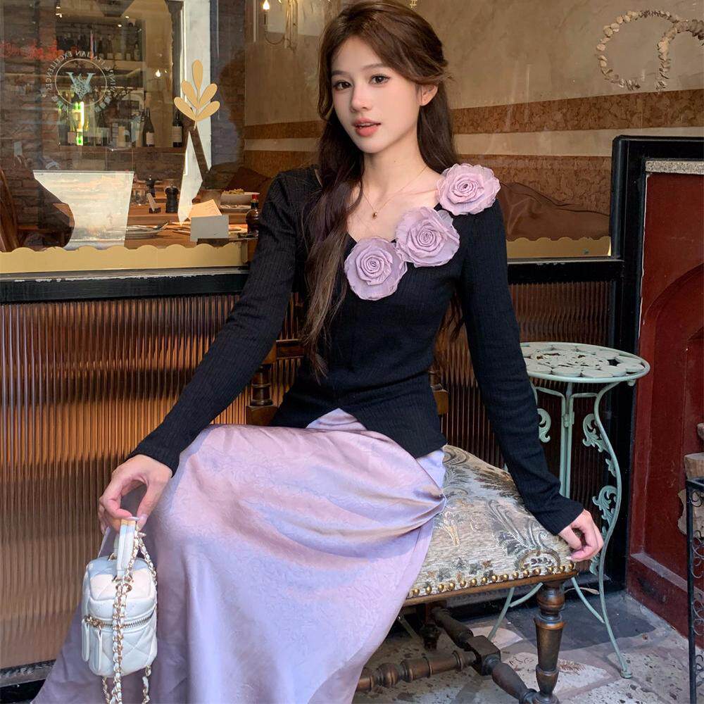 法式玫瑰针织高腰半身长裙套装女