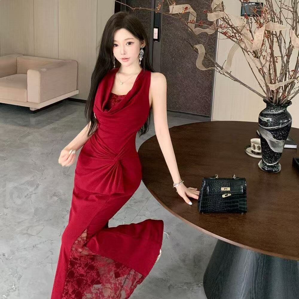 法式红色荡领挂脖露背包臀礼服女