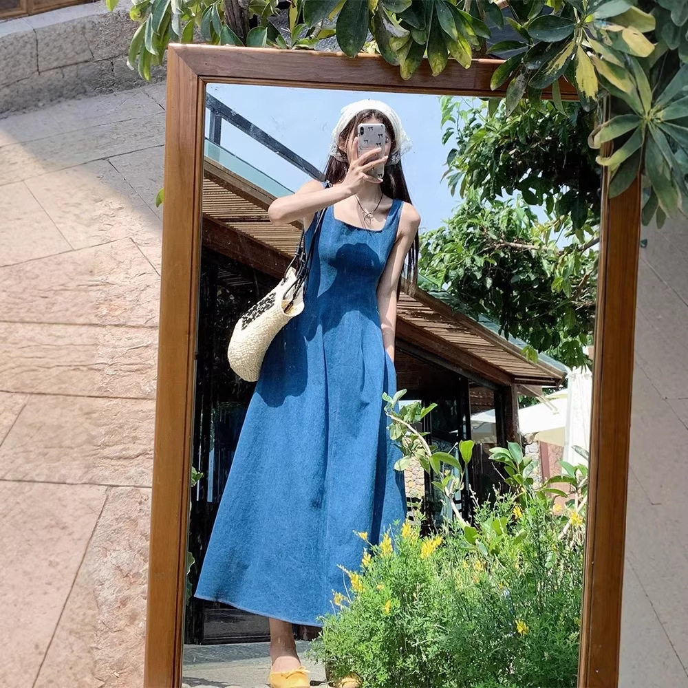 夏季法式蓝雾收腰吊带牛仔长裙女