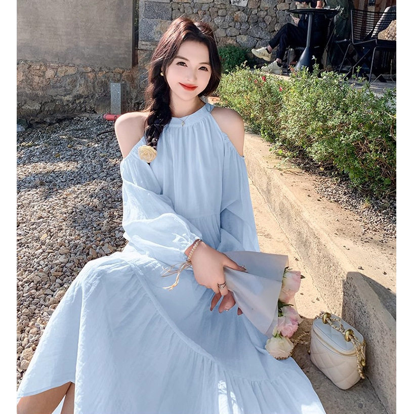 海边度假法式甜美露肩仙女连衣裙