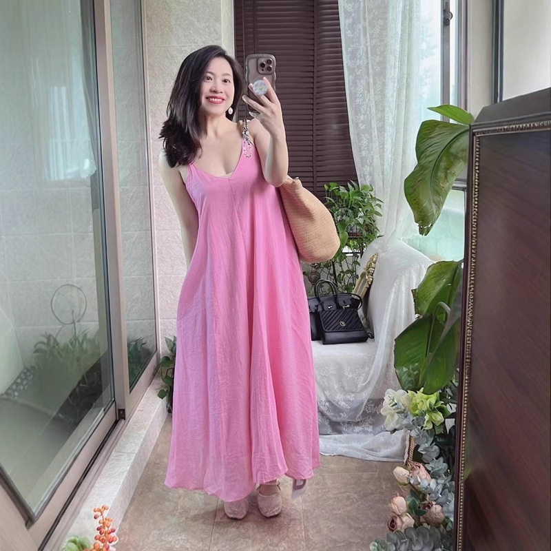法式甜美撞色无袖高腰吊带裙女士