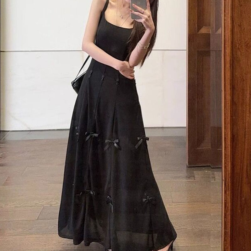 法式蓝色吊带蝴蝶结显瘦连衣裙女