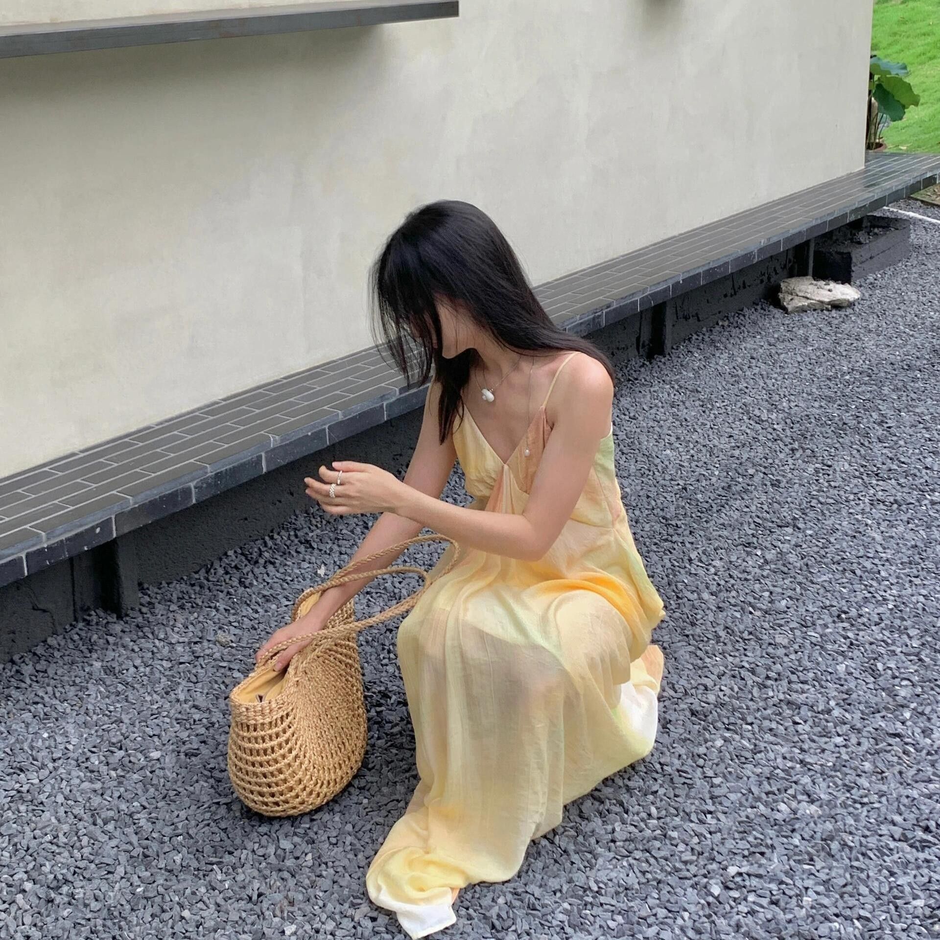 法式仙女度假长裙V领吊带印花