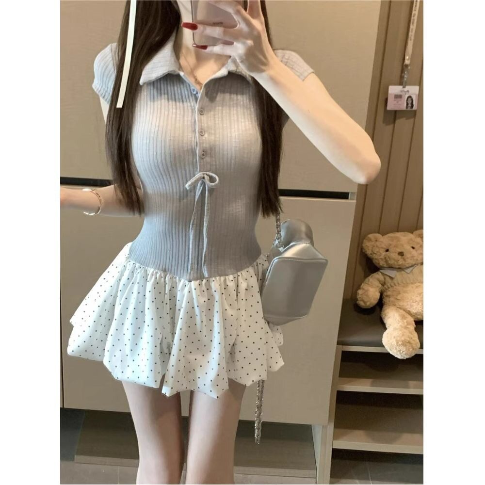 夏季芭蕾风收腰显瘦针织连衣裙女