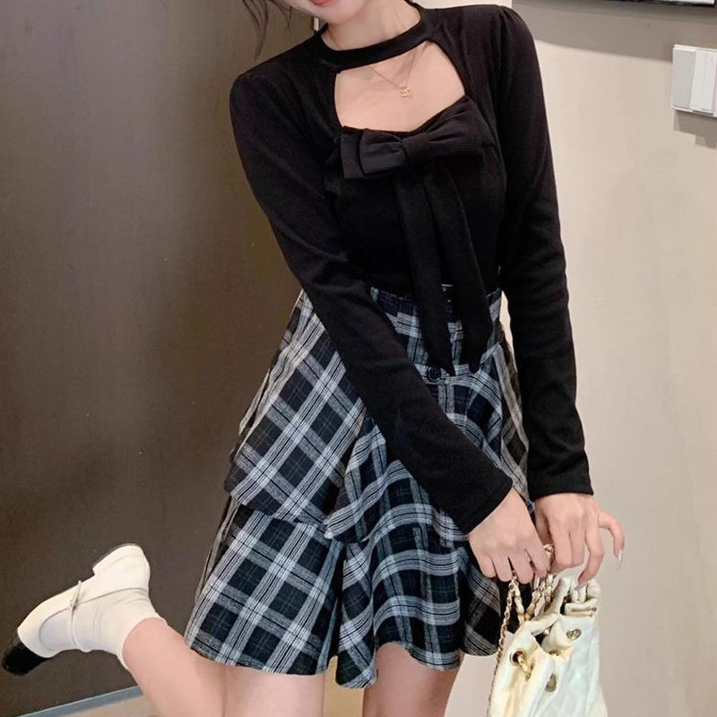 春秋季韩系纯欲风辣妹套装女胖mm镂空蝴蝶结收腰高腰格子半身裙子