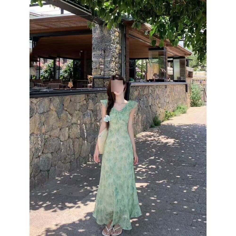 夏季甜美碎花小飞袖仙女连衣裙女