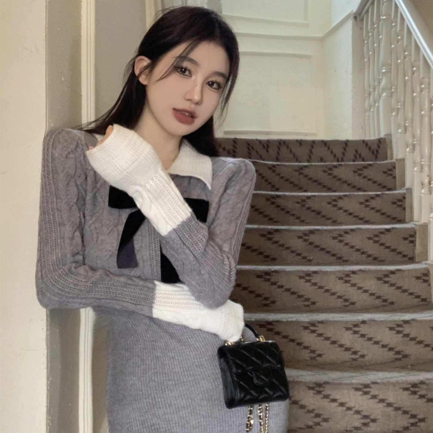 灰色甜辣妹针织包臀显瘦连衣裙女