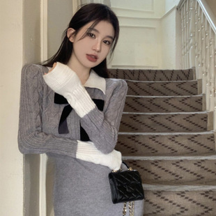 灰色甜辣妹针织长袖连衣裙女毛衣打底短裙秋冬季修身显瘦包臀裙子