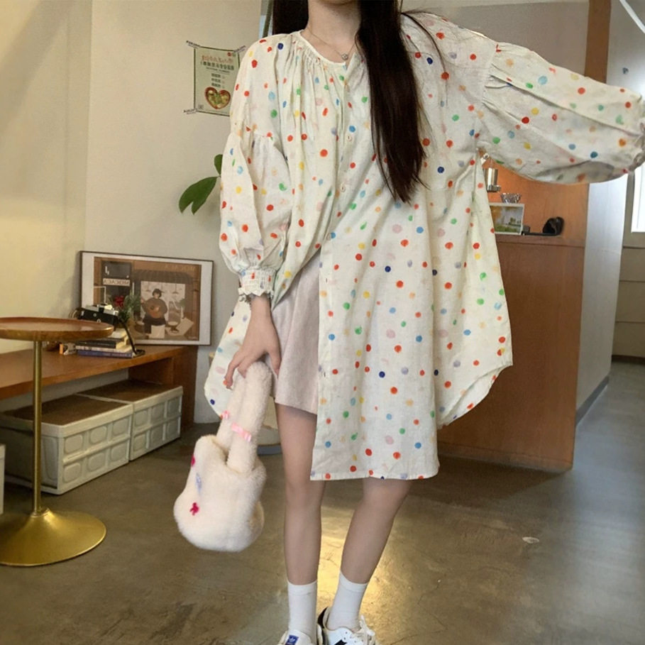 早秋26彩波点单排扣减龄衬衫裙女