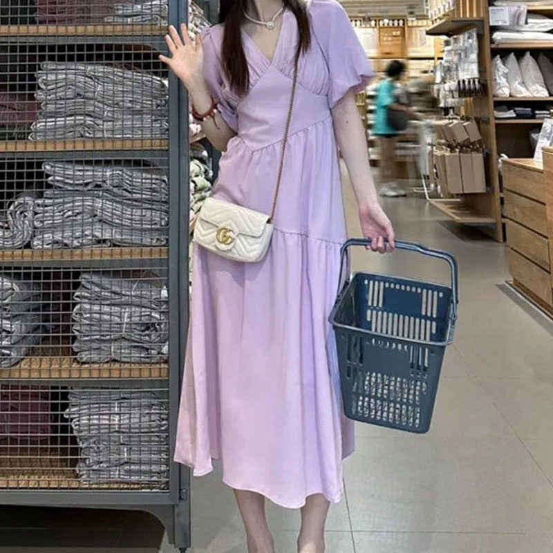 法式紫色连衣裙子女2026夏季新款温柔风茶歇收腰显瘦泡泡袖中长裙