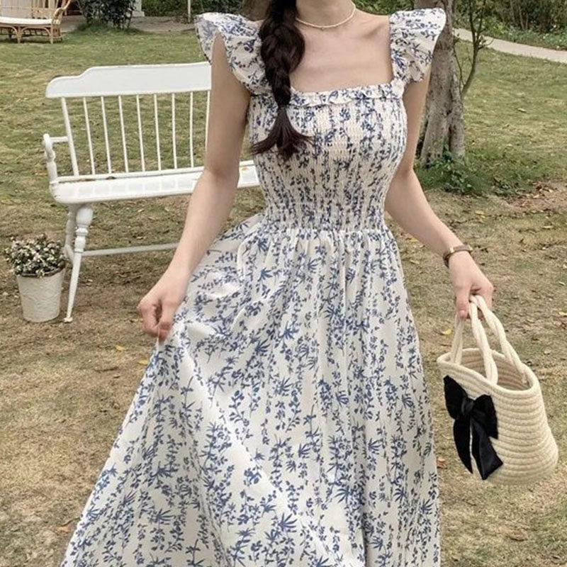 夏季法式蓝碎花收腰显瘦吊带裙女