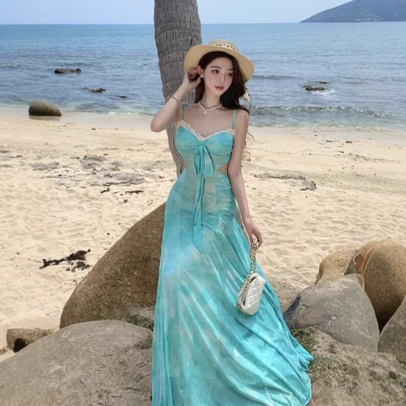 海岛度假辣妹绿色蕾丝吊带连衣裙
