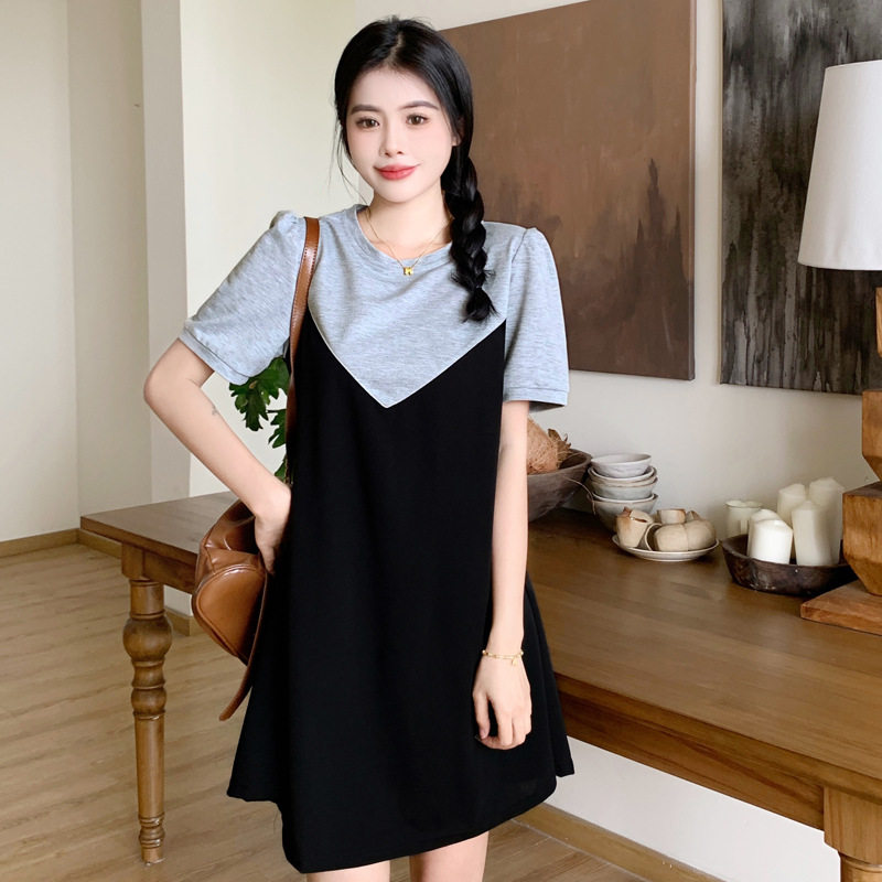 夏季韩版大码假两件显瘦连衣裙女