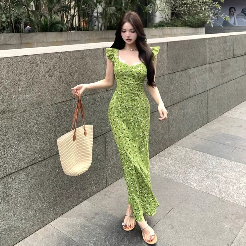 法式小清新碎花收腰显瘦连衣裙女