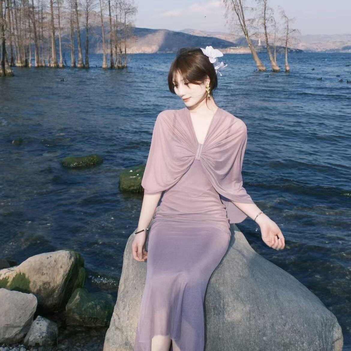 紫色抹胸碎花高腰包臀连衣裙大码