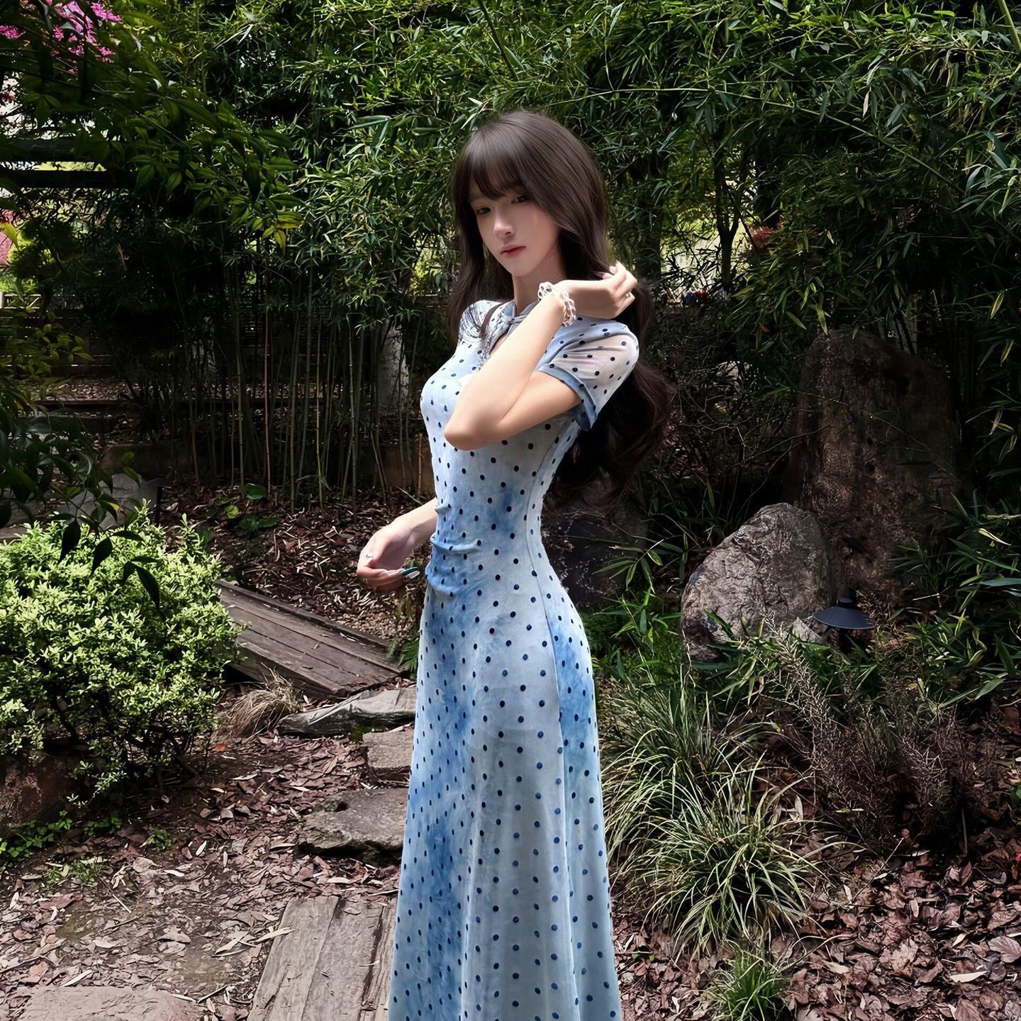 新中式蓝色波点改良旗袍连衣裙女