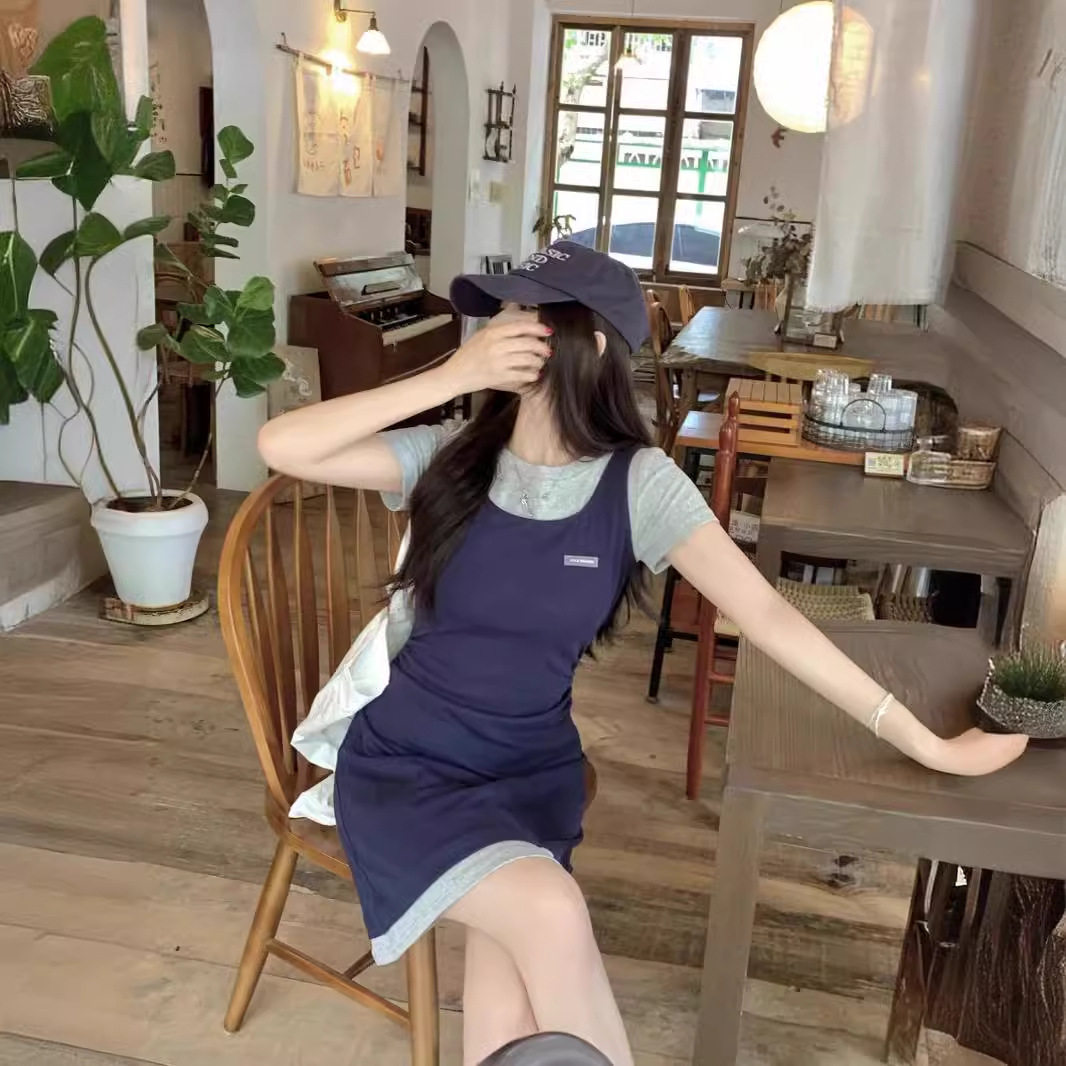 学院风A字裙学院风短袖连衣裙女